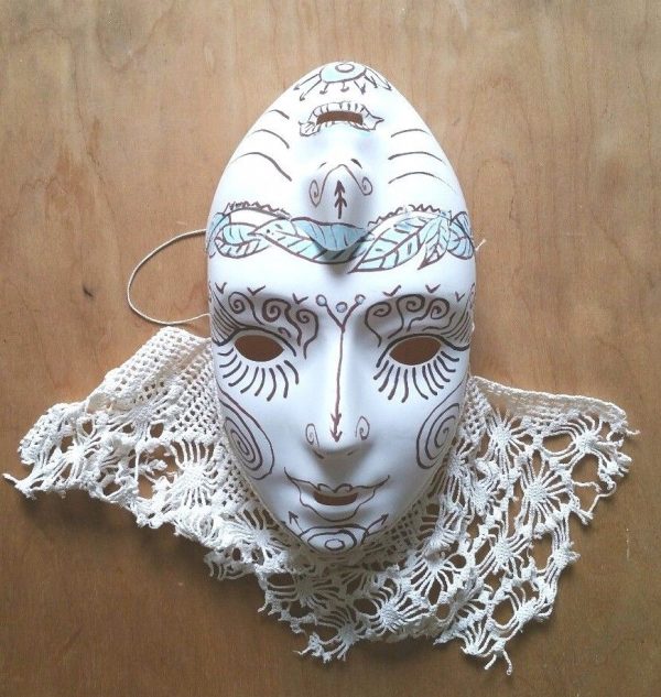 68.1. Unusual Double Faced Alien white mask with vintage lace, hand drawn pattern