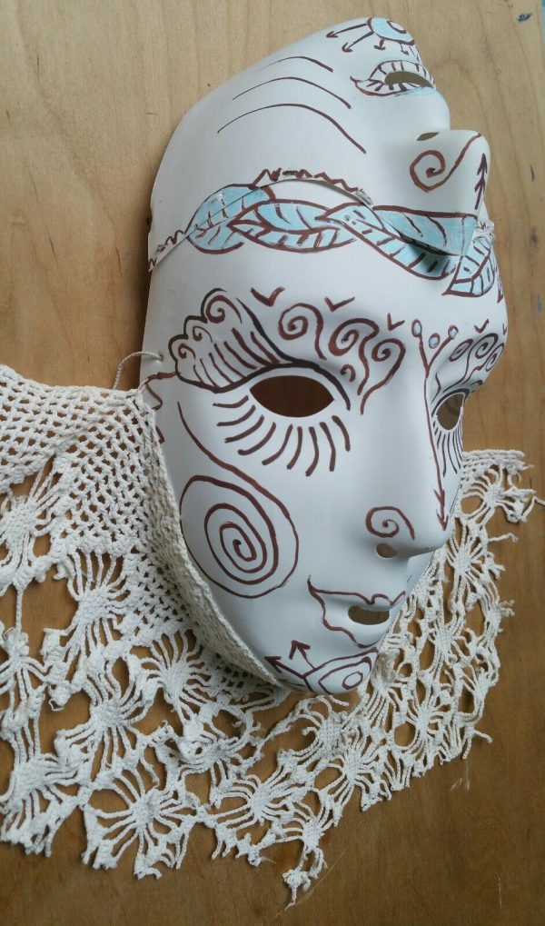 68.1. Unusual Double Faced Alien white mask with vintage lace, hand drawn pattern - Image 7