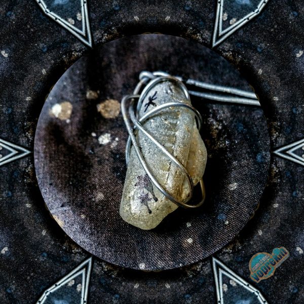 62.5. Wire wrapped golden sea glass with black stars unique handmade pendant necklace