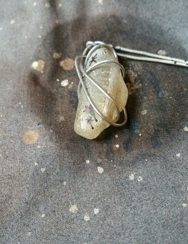 62.5. Wire wrapped golden sea glass with black stars unique handmade pendant necklace - Image 9