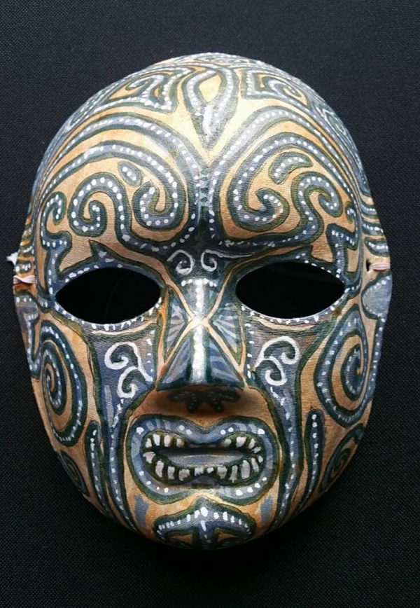 51.1. Handpainted grey blue and golden yellow tribal mask with swirls and dots by Linandara