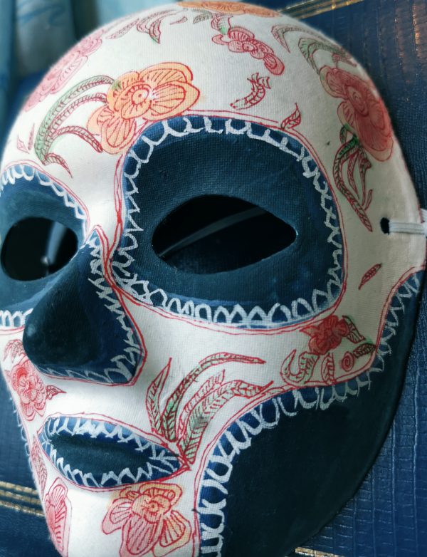 42.1. Handpainted blue and white scull mask with flowers and leaves by Linandara - Image 5