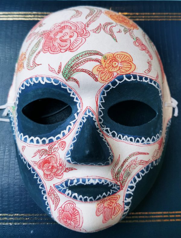 42.1. Handpainted blue and white scull mask with flowers and leaves by Linandara
