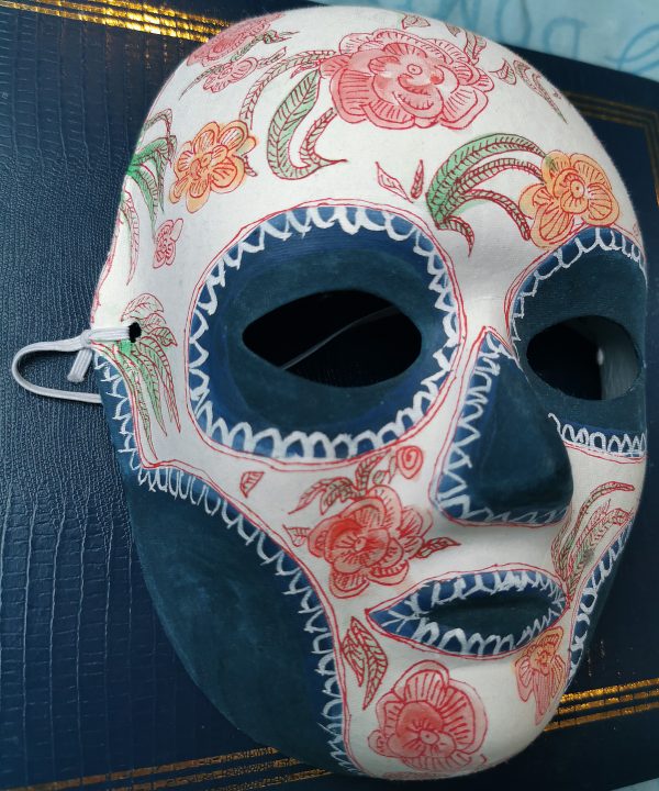 42.1. Handpainted blue and white scull mask with flowers and leaves by Linandara - Image 3