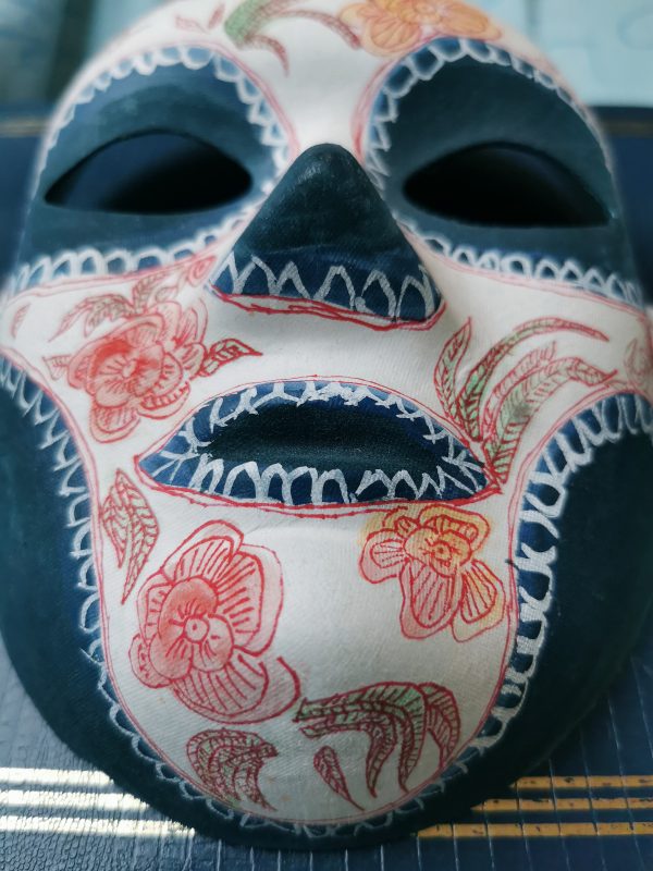 42.1. Handpainted blue and white scull mask with flowers and leaves by Linandara - Image 4