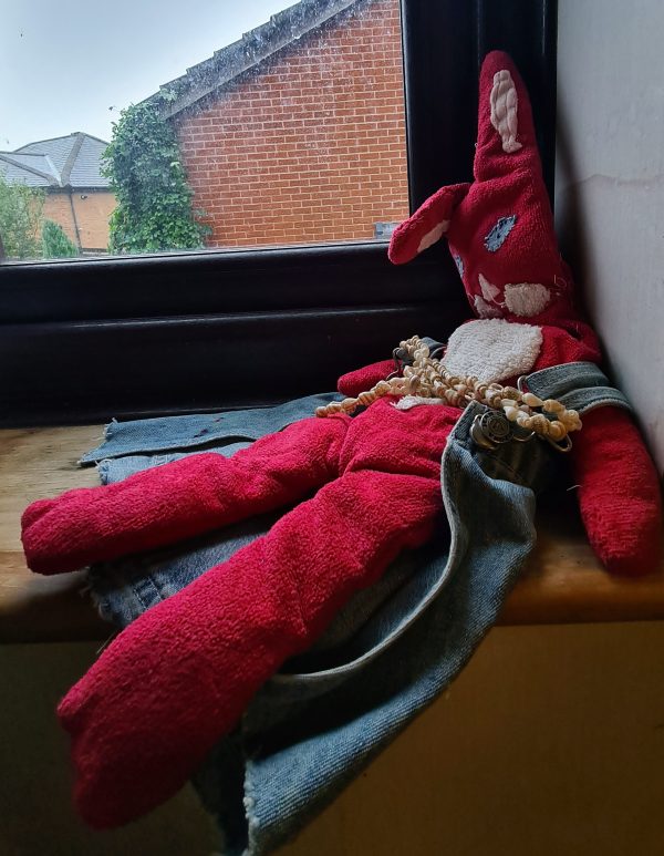 48.1. Red Hare in Denim - One of the kind handmade art rag doll by Linandara - Image 8