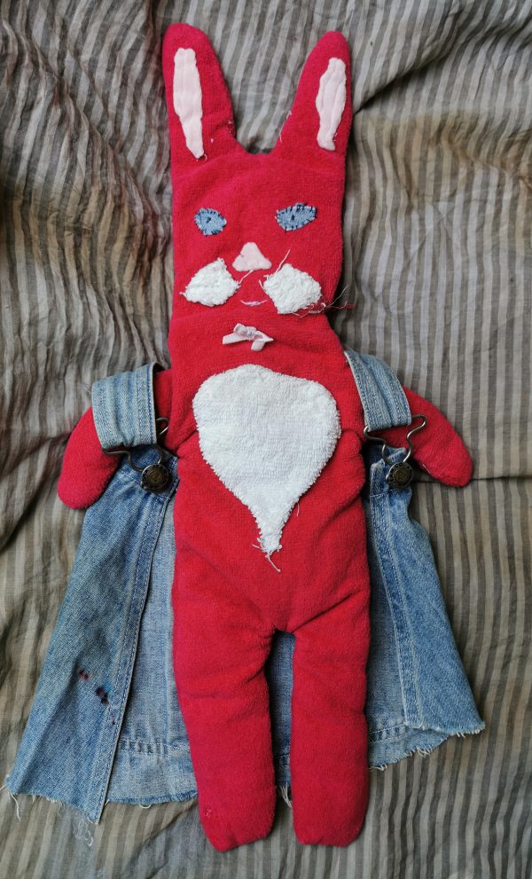 48.1. Red Hare in Denim - One of the kind handmade art rag doll by Linandara - Image 4